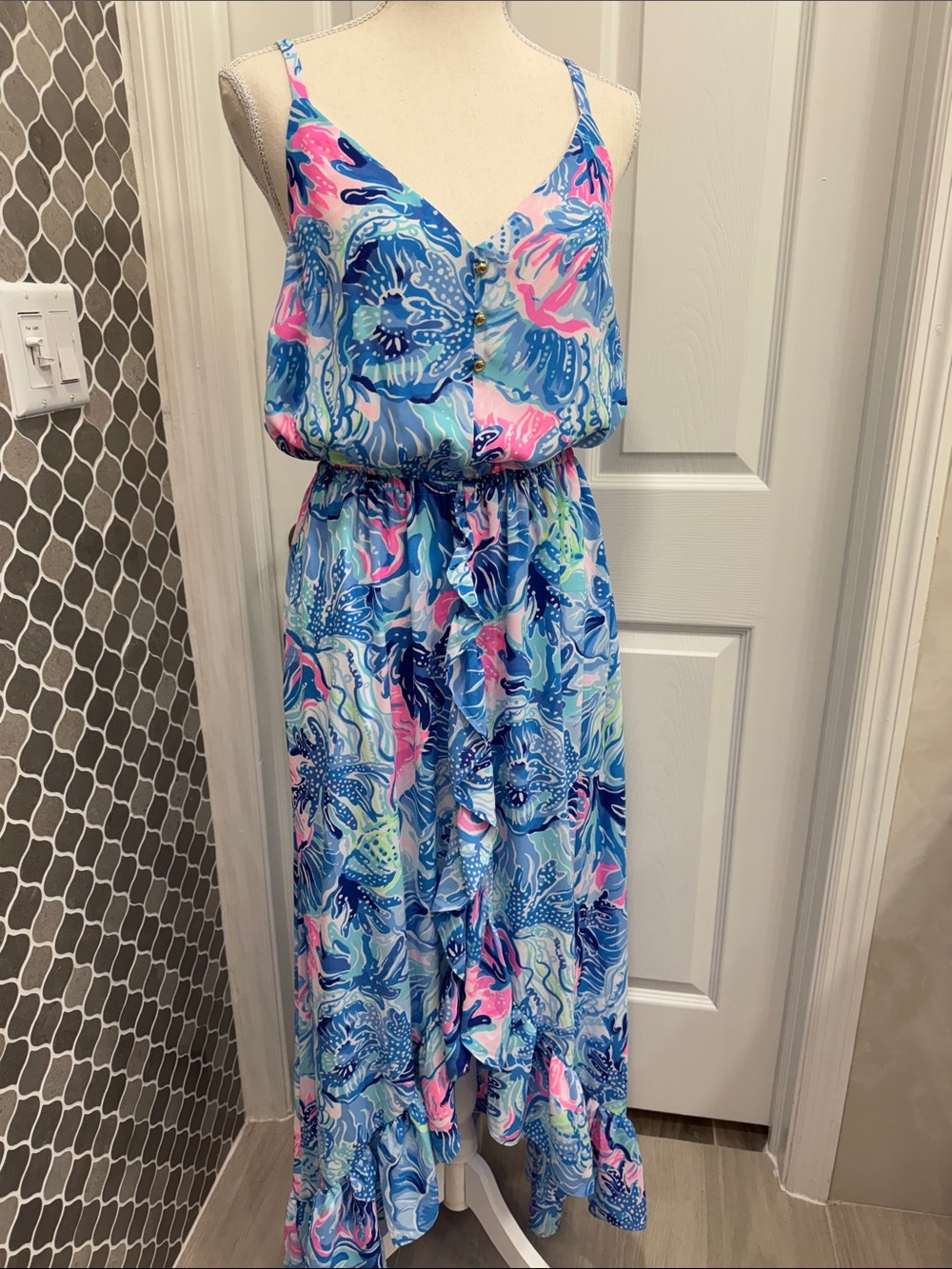 Lilly Pulitzer Blue and Pink Tropical Print Maxi Dress